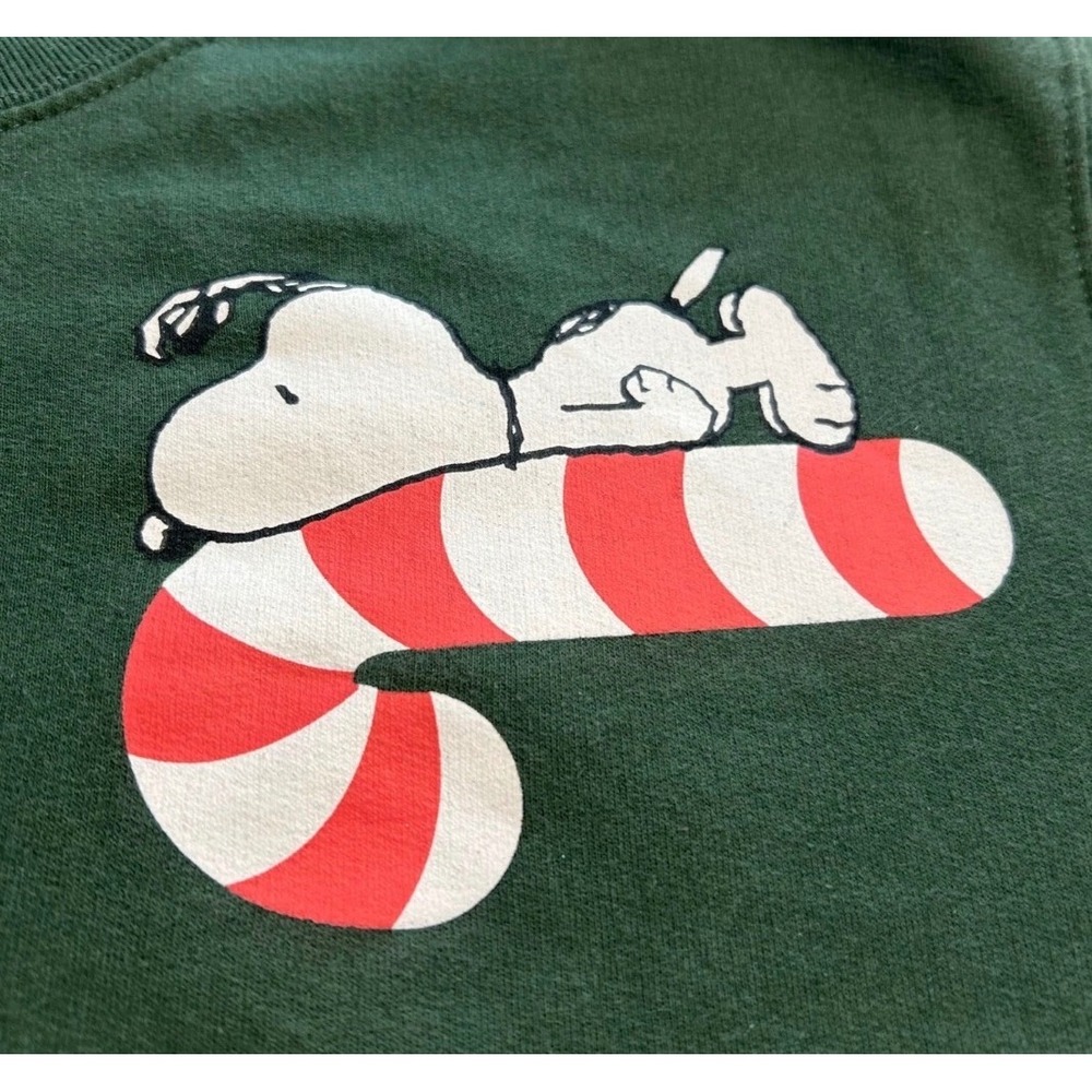 Peanuts Snoopy Christmas Candy Cane Sweatshirt Mens Large Green Fleece Crewneck - Picture 3 of 9